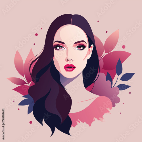 Charming woman with long dark hair and pink floral background, a beauty portrait for cosmetic and fashion concept, vector illustration