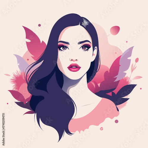 Attractive woman with long dark hair and pink floral background, a beauty portrait for cosmetic and fashion concept, vector illustration