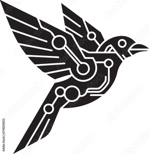 Futuristic cyborg bird assembly with electronic circuitry details in flight