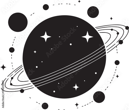 Minimalist celestial orbiting planets and stars in space galaxy scene
