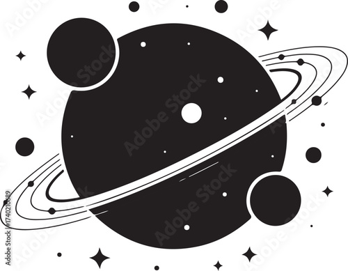 Minimalist celestial scene with ringed planet and moons orbiting stars
