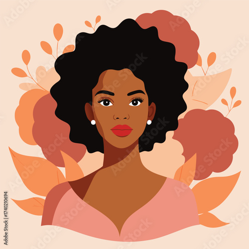 Portrait of a beautiful african american woman with afro hair surrounded by flowers and leaves in warm earthy tones vector illustration