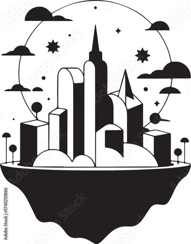 Surreal floating cityscape with geometric architecture under a celestial sky