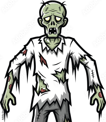 Cartoon zombie with tattered clothes stands on white background
