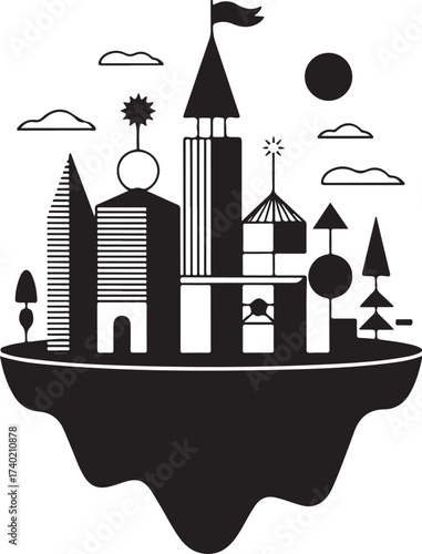Surreal floating geometric cityscape abstract fantasy architecture sky islands dreamscape