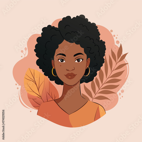 Charming portrait of a young african american woman with curly hair, adorned with botanical accents, exuding natural beauty and grace