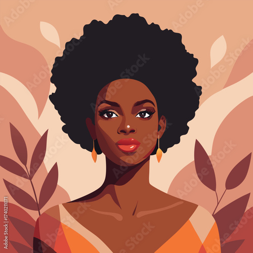 Portrait of a beautiful african american woman with afro hair surrounded by leaves in warm earthy tones vector illustration