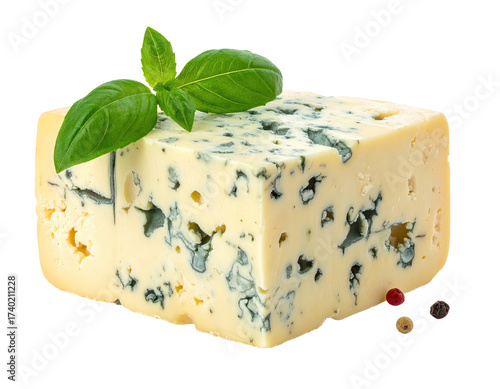 A wedge of blue cheese, light yellow in color with scattered dark blue veins, sits atop a white 