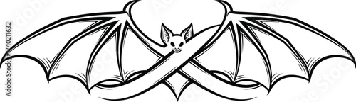 Stylized bat with wings spread in black and white design