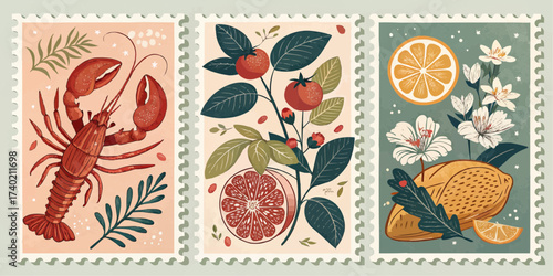 Three postage stamps featuring a lobster, tomatoes and grapefruit, and a lemon with orange slice
