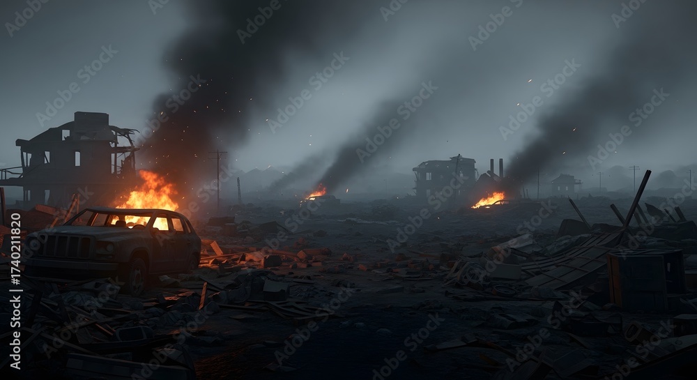 Obraz premium Postapocalyptic scene with burning buildings, destroyed vehicles, and thick smoke filling the air, depicting the aftermath of a devastating war or disaster
