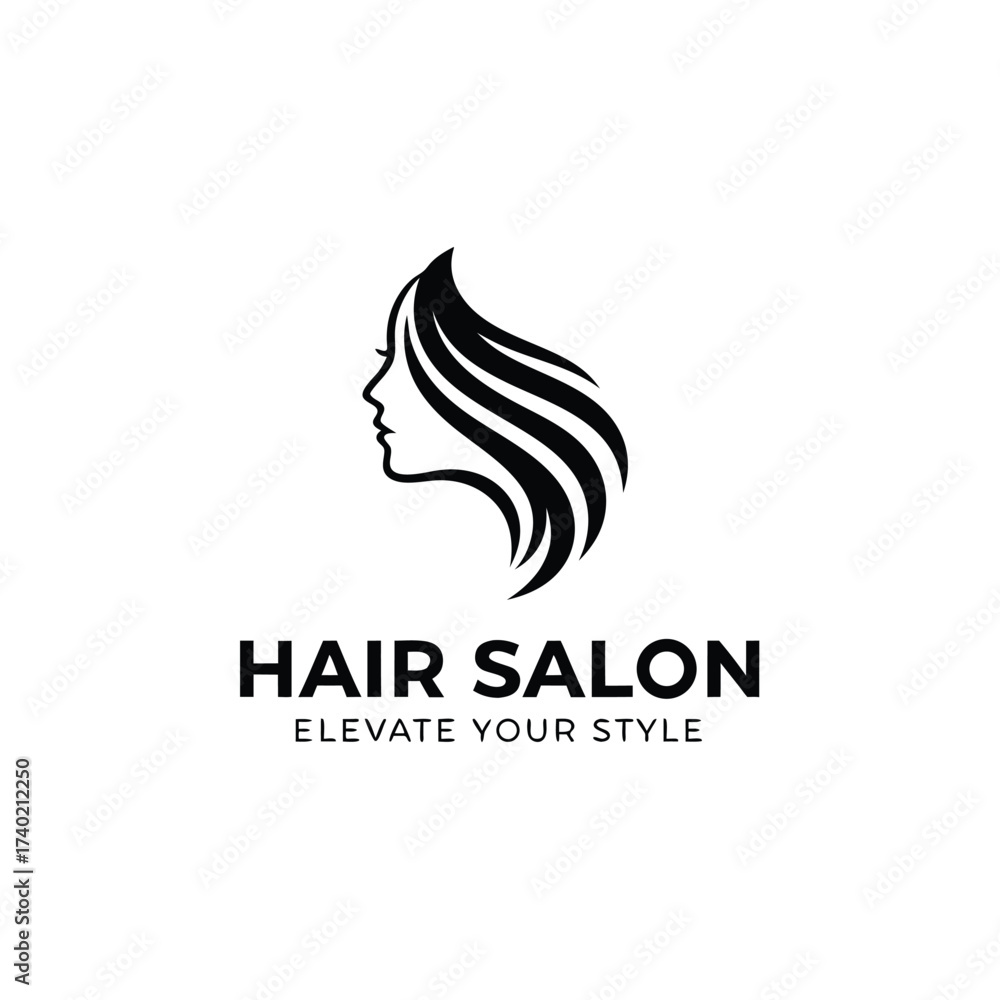 Obraz premium Elegant hair salon logo design featuring a womans profile with flowing hair, isolated on white background elevate your style