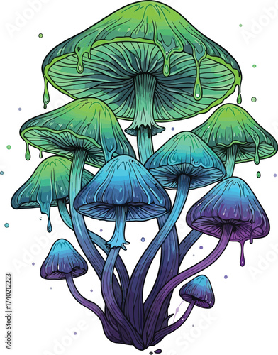 Colorful mushrooms with dripping caps on a white background
