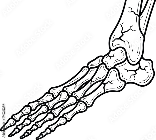 Anatomical drawing of a human foot skeleton in black outline