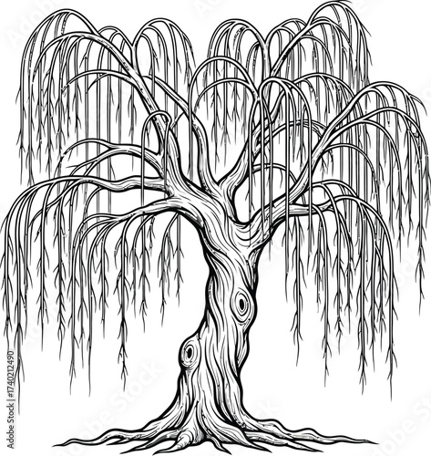 Weeping willow tree with detailed branches and flowing leaves