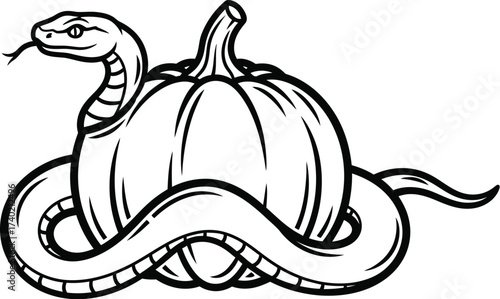 Snake coiled around a pumpkin illustration in black outline