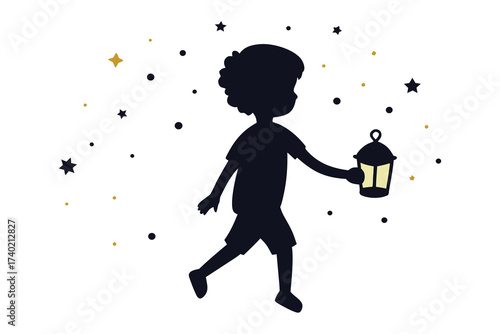Child Silhouette Lantern Night Sky Vector Illustration