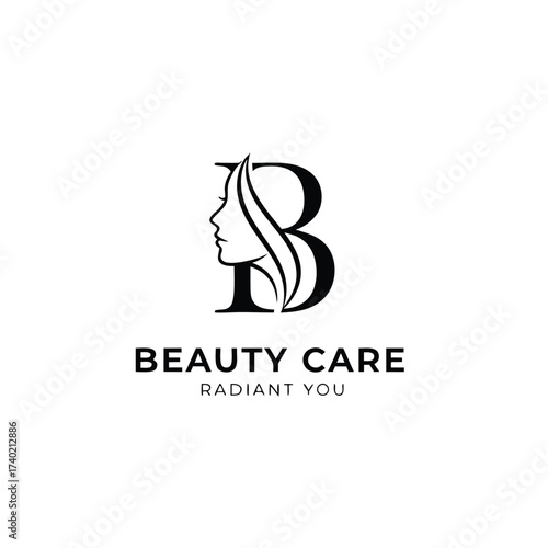 Beauty care logo with a womans profile integrated into the letter b isolated on white background radiant you