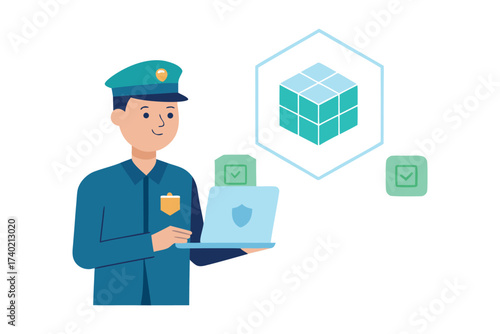 Customs Officer Verifying Product QR Code with Holographic Supply Chain Vector