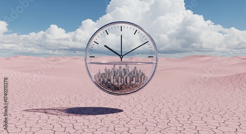 Surreal Desert Landscape Featuring a Giant Clock and Cityscape