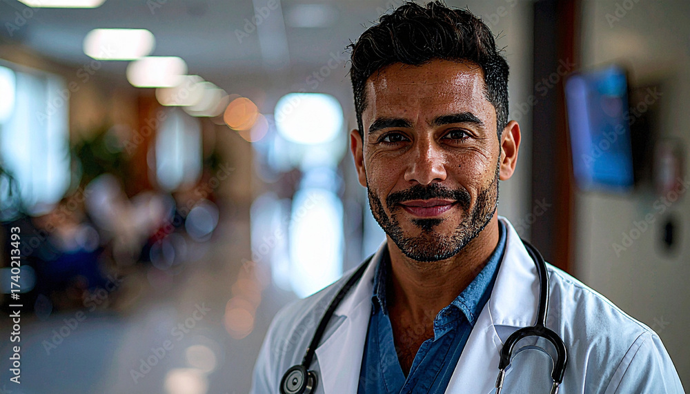 Fototapeta premium Medical professional with stethoscope in a hospital environment conveying clinical expertise primary care diagnosis and dedicated healthcare leadership guiding patient