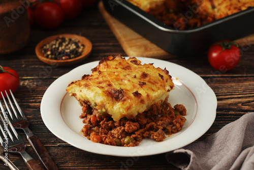 A shepherd's pie, freshly backed and ready to be served. Traditional English dish