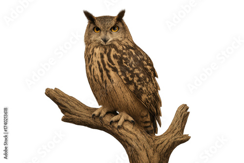 Eurasian eagle owl perching on branch transparent background