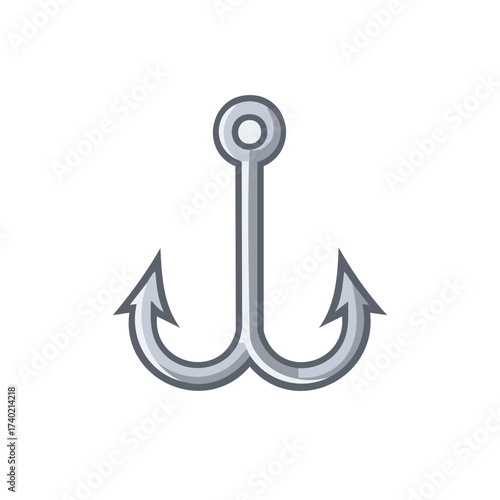 Sharp double pronged fishing hook illustration with smooth curves and metallic sheen