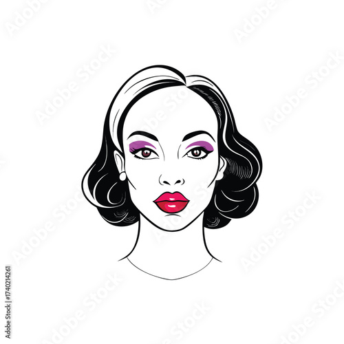 Charming woman with short wavy hair and pink eyeshadow isolated on white background, a vintageinspired portrait of timeless grace