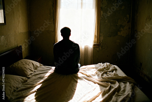 A lonely, silhouetted man sits on an unmade bed in a dark, derelict room, contemplating the bright light from a window.