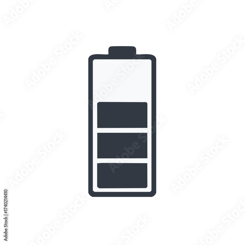 Modern battery level icon showing partial charge in dark blue. Symbol of energy and power.