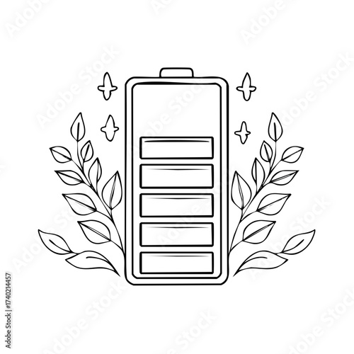 Battery with leaves and electrical symbols line drawing art