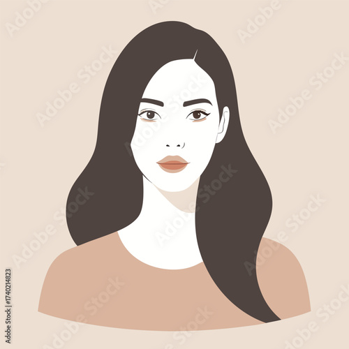 Portrait of a beautiful young woman with long brown hair looking at the camera with a neutral expression on a beige background