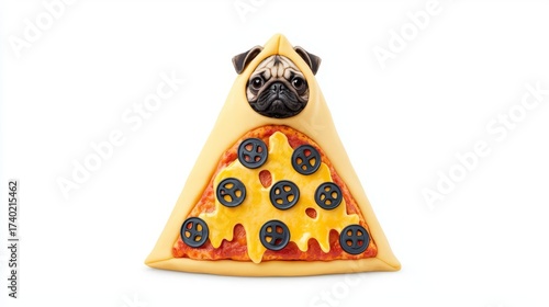 A quirky illustration of a pug dog lounging on a slice of delicious pizza, blending humor with culinary delight.