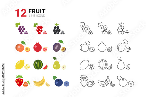 A variety of fruit line icons showcases different fruits, including grapes, apples, oranges, and bananas. The collection is suitable for various design and illustration applications.