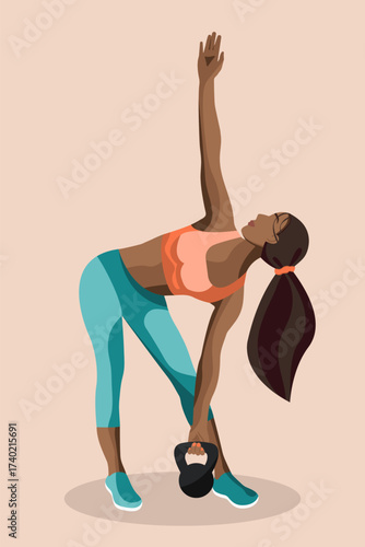 A faceless fitness woman engages in a kettlebell workout, showcasing strength and flexibility during her training session.
