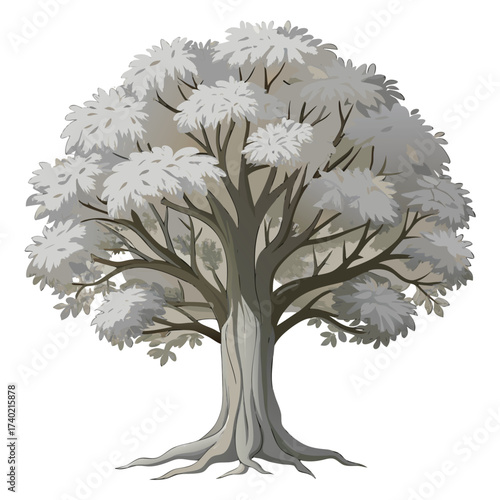 Mature European beech tree with smooth, elegant gray bark and dense, wavy-edged leaves, a classic, stately European forest species.