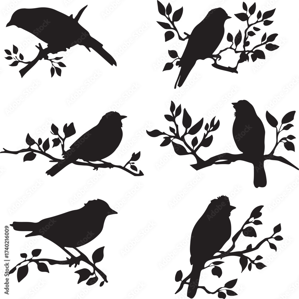 Fototapeta premium Bird on branch silhouette vector decorative nature design