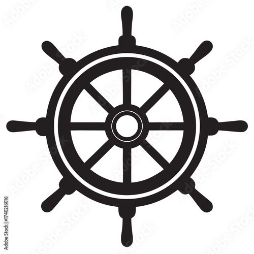 Ship steering wheel and anchor icon. Black silhouette