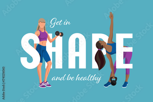 Fitness women engage in strength training and flexibility exercises, encouraging a healthy lifestyle through dynamic movement and vibrant visuals.
