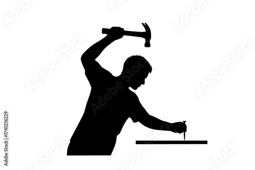 Black Vector Silhouette: Person Working with a Hammer and Nail	