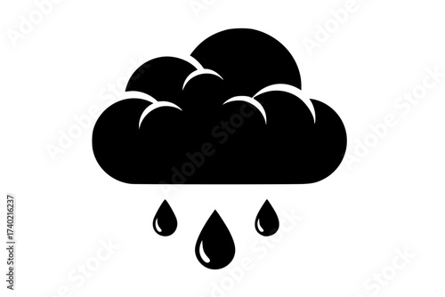 Black Vector Silhouette: Stylized Cloud with Raindrops Falling	
