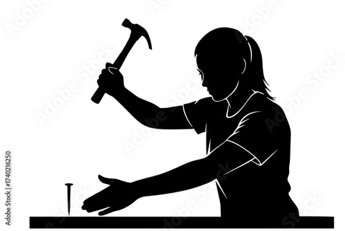 Black Vector Silhouette: Person Working with a Hammer and Nail	
