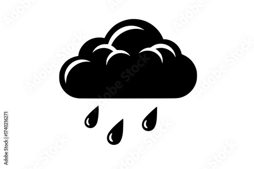 Black Vector Silhouette: Stylized Cloud with Raindrops Falling	