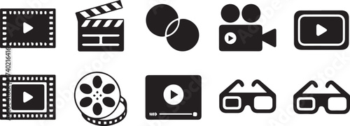 media production icon collection vintage camera clapperboard reel 3d glasses monitor vector graphics