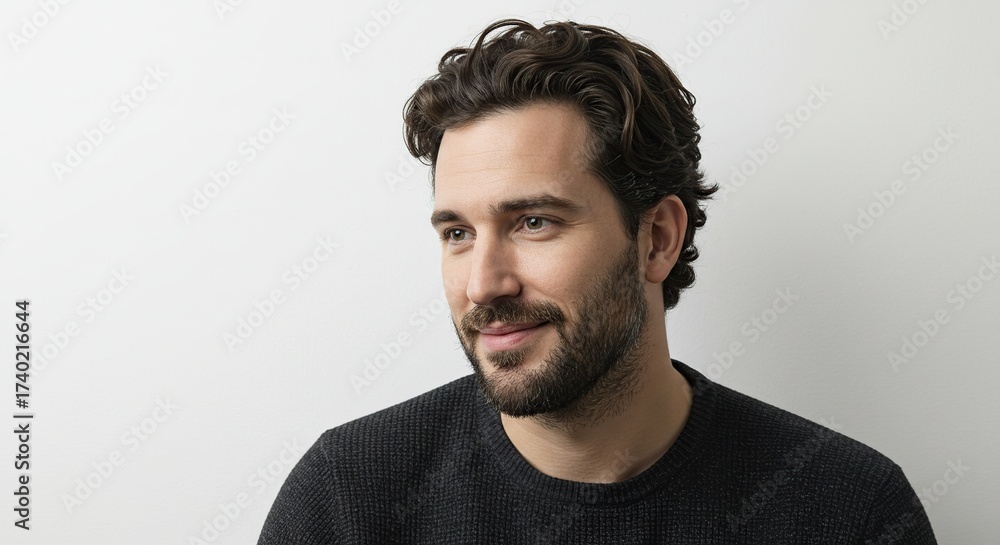 Obraz premium Man with beard and curly hair smiling thoughtfully isolated on transparent background
