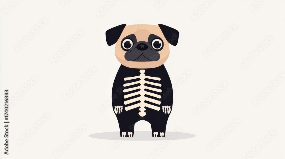 Obraz premium A whimsical illustration of a pug with a skeleton design, perfect for Halloween or pet-themed projects.