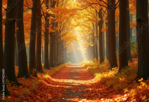 Serene Golden Autumn Forest Trail Lined with Vibrant Foliage and Sunlight Filtering Through the Trees