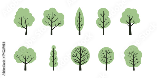 geometric and organic tree vector set flat nature icons canopy trunk leaf collection ai eps png jpeg