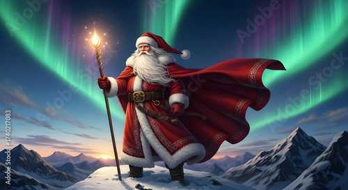 Santa Claus as a superhero with a cape and staff under the aurora borealis.